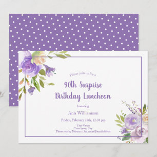 Invitation Aquarelle Purple Floral 90e Anniversaire surprenan