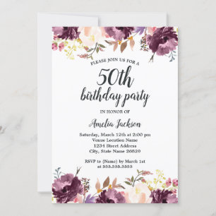Invitation Aquarelle Purple Floral Bloom 50ème anniversaire