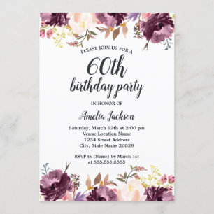 Invitation Aquarelle Purple Floral Bloom 60e fête d'anniversa