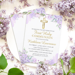Invitation Aquarelle Purple Floral Girl Première Sainte Commu