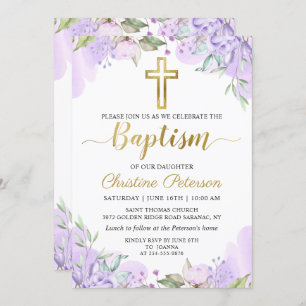 Invitation Aquarelle Purple Floral Gold Script Girl Baptême