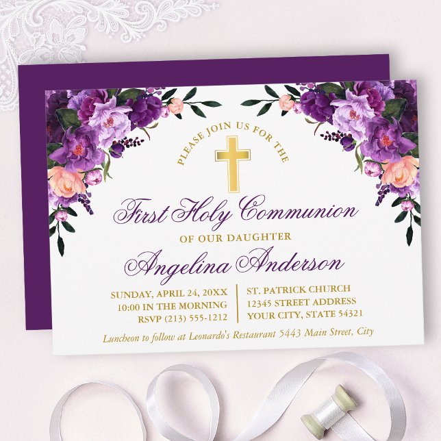 Invitation Aquarelle Purple Floral Première Communion Or (Customize to change text color, size, style or to change color of back of card.)