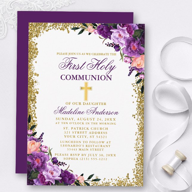 Invitation Aquarelle Purple Floral Première Parties scintilla (Customize to change text size, color, style or to change color of back of card.)