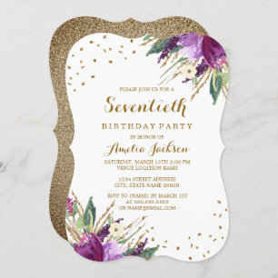 Invitation Aquarelle Purple Gold Flower 70e fête d'anniversai