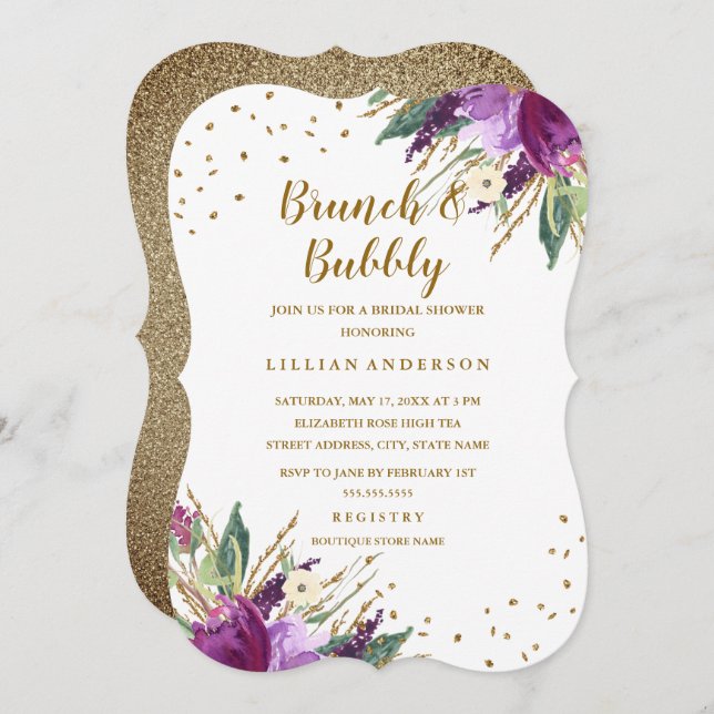 Invitation Aquarelle Purple Gold Flower Brunch et Bubbly (Devant / Derrière)