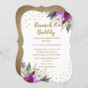 Invitation Aquarelle Purple Gold Flower Brunch et Bubbly