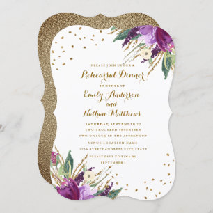 Invitation Aquarelle Purple Gold Flower Dîner de répétition