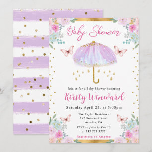 Invitation Aquarelle Purple Gold Spring Baby shower parapluie