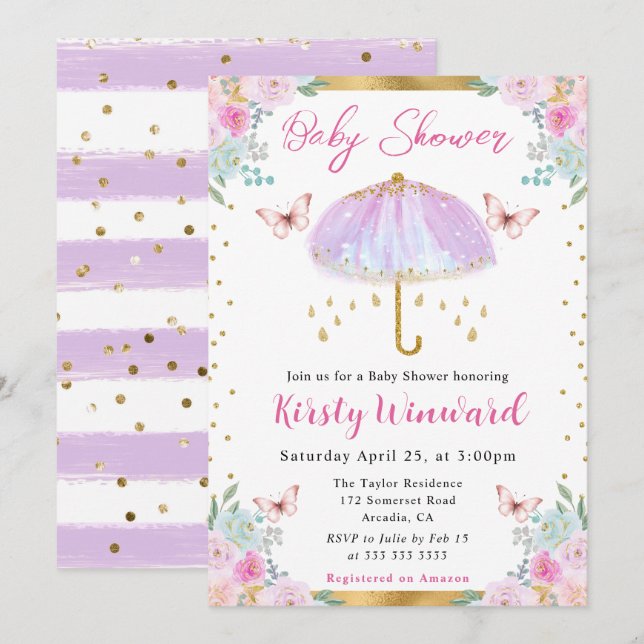 Invitation Aquarelle Purple Gold Spring Baby shower parapluie (Devant / Derrière)