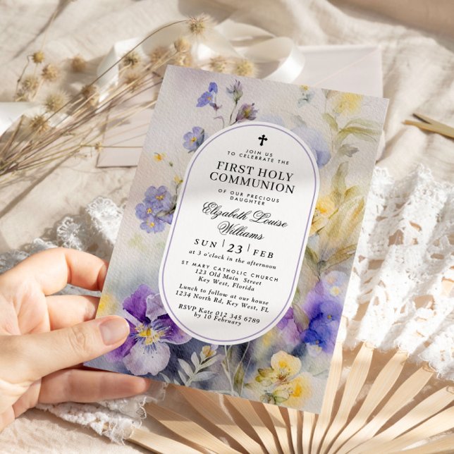 Invitation Aquarelle Purple & Jaune Première Communion Sainte (Créateur téléchargé)