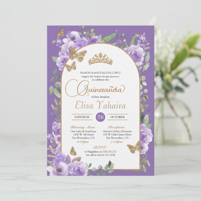 Invitation Aquarelle Purple & Papillon Or Quinceañera (Debout devant)
