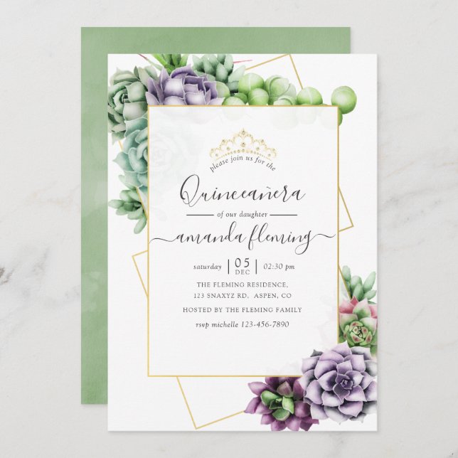 Invitation Aquarelle Quiceañera Géométrique Succulente (Devant / Derrière)