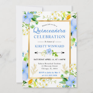 Invitation Aquarelle Quinceanera Fleurs et Marguerites Bleues