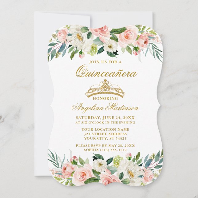 Invitation Aquarelle Quinceanera Rose Blush Blanc Floral (Devant)