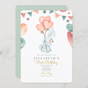 Invitation Aquarelle Rabbit Baloons mignons 1er anniversaire