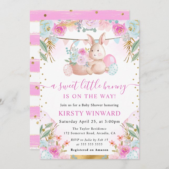 Invitation Aquarelle Rabbit de Pâques et Baby shower de fleur (Devant / Derrière)