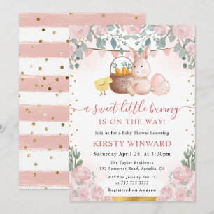 Invitation Aquarelle Rabbit et Baby shower de fleurs roses