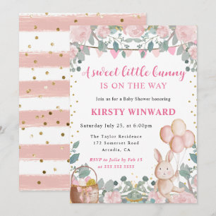 Invitation Aquarelle Rabbit et Baby shower de fleurs roses
