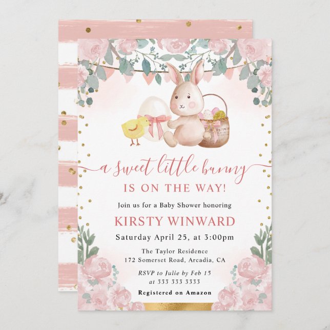 Invitation Aquarelle Rabbit et Baby shower de fleurs roses (Devant / Derrière)