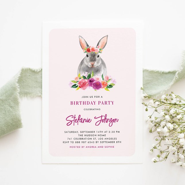 Invitation Aquarelle Rabbit et Fleurs pourpres Anniversaire (Créateur téléchargé)