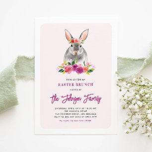 Invitation Aquarelle Rabbit et Fleurs pourpres Brunch de Pâqu