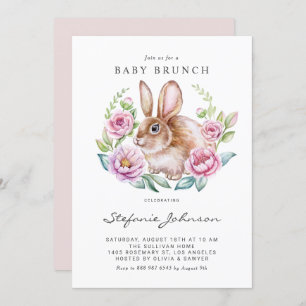 Invitation Aquarelle Rabbit et Fleurs roses Bébé Brunch