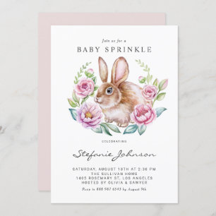 Invitation Aquarelle Rabbit et Fleurs roses Bébé Sprinkel