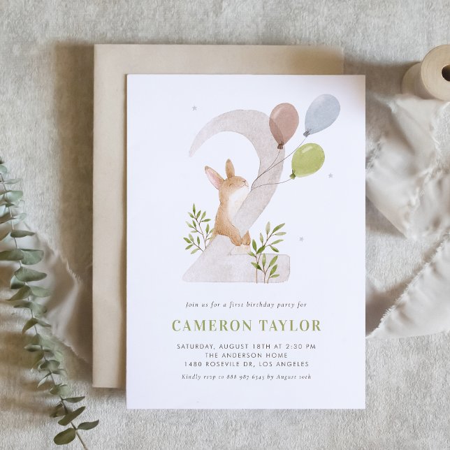 Invitation Aquarelle Rabbit Woodland Deuxième fête d'annivers (Créateur téléchargé)
