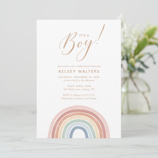 Invitation Aquarelle Rainbow C'est un Baby shower garçon (Debout devant)