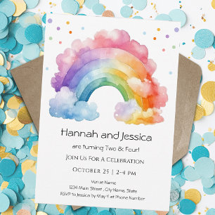 Invitation Aquarelle Rainbow Girls Double Anniversaire