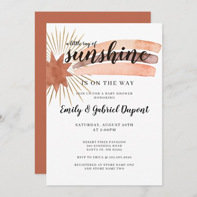 Invitation Aquarelle Rainbow Gold Sun Rays Baby shower (Devant / Derrière)