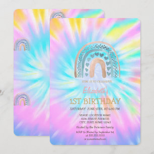 Invitation Aquarelle Rainbow Hearts Tie Dye Anniversaire