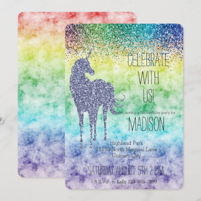 Invitation Aquarelle Rainbow Purple Parties scintillant Unico (Devant / Derrière)
