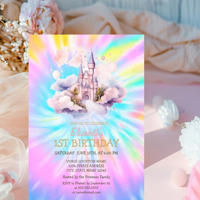 Invitation Aquarelle Rainbow Tie Dye Castle Anniversaire (Créateur téléchargé)