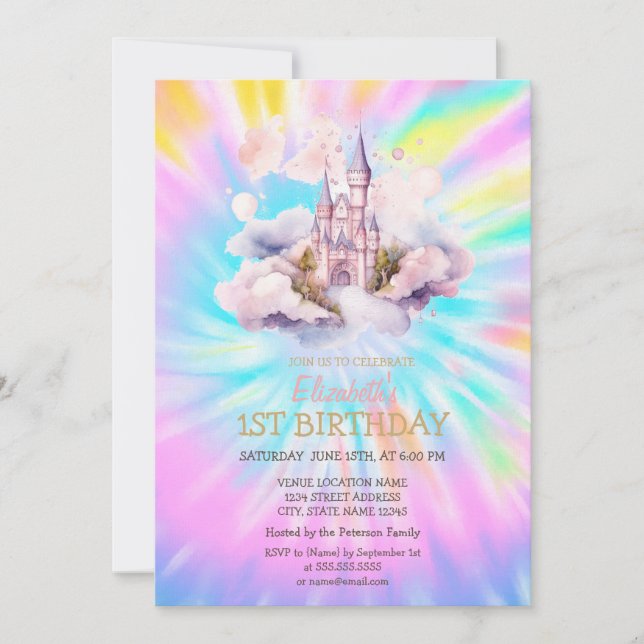 Invitation Aquarelle Rainbow Tie Dye Castle Anniversaire (Devant)