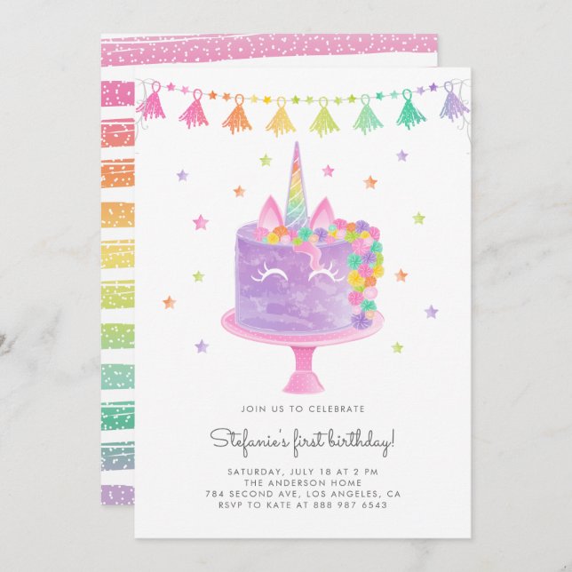 Invitation Aquarelle Rainbow Unicorn Cake Premier anniversair (Devant / Derrière)
