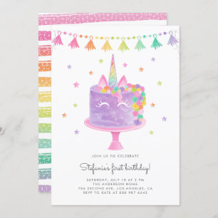 Invitation Aquarelle Rainbow Unicorn Cake Premier anniversair