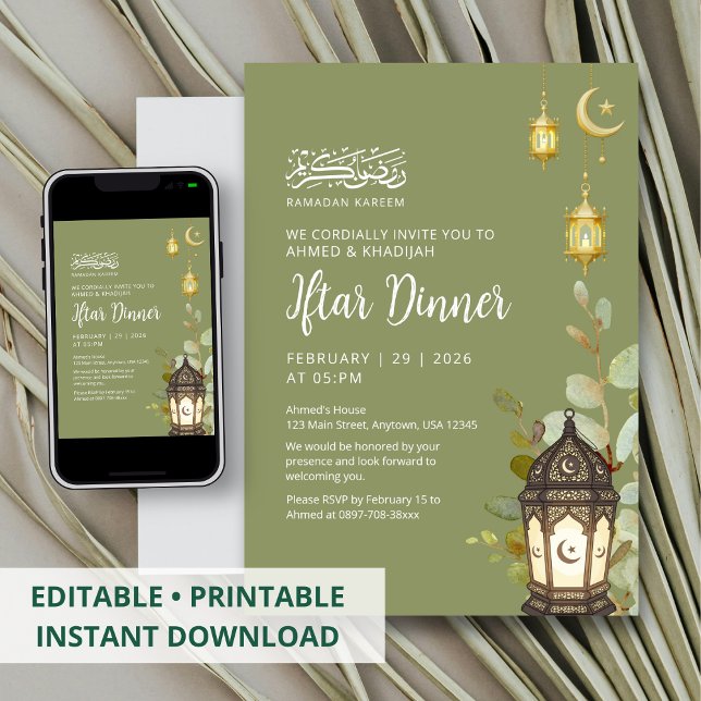 Invitation aquarelle Ramadan Iftar Verdure Lune (Créateur téléchargé)
