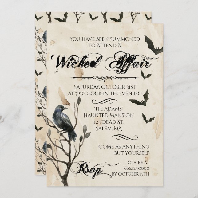 Invitation Aquarelle Raven et partie de Halloween de battes (Devant / Derrière)