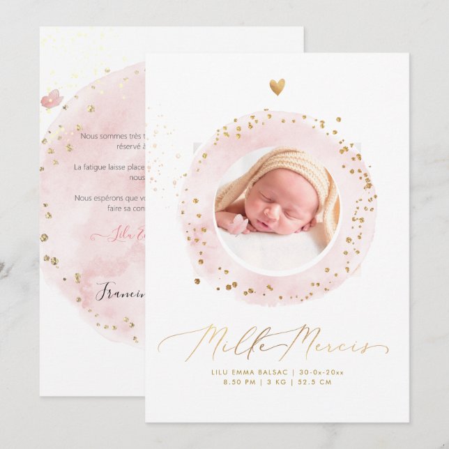 Invitation Aquarelle Remerciements Naissance Fille (Devant / Derrière)