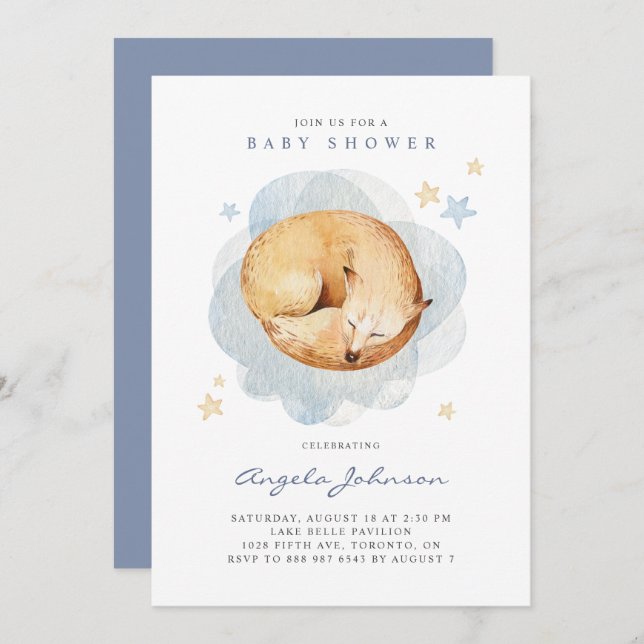Invitation Aquarelle Renard couché C'est un Baby shower garço (Devant / Derrière)