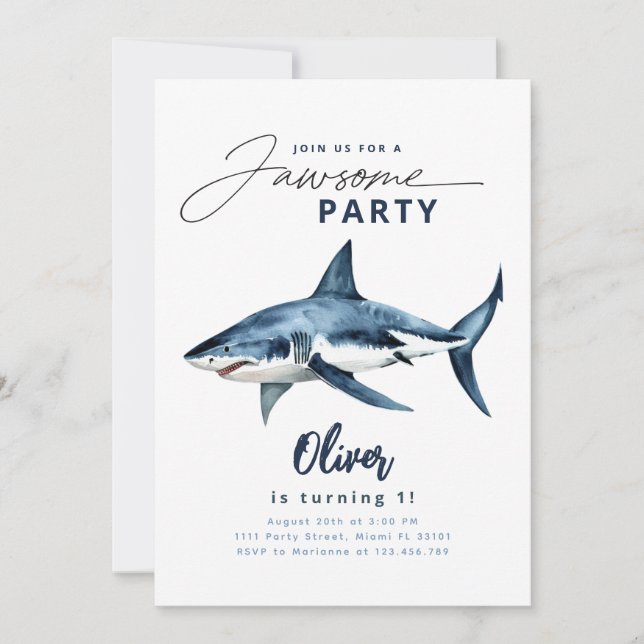 Invitation Aquarelle requin bleu minimaliste Jawsome Party (Devant)