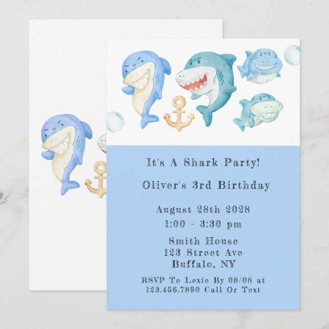 Invitation Aquarelle requins garçon fête d'anniversaire (Devant / Derrière)