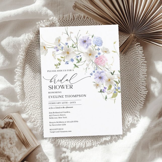 Invitation Aquarelle ressort bleu violet rose fleurs sauvages (Watercolor spring blue purple pink wildflowers invitation)