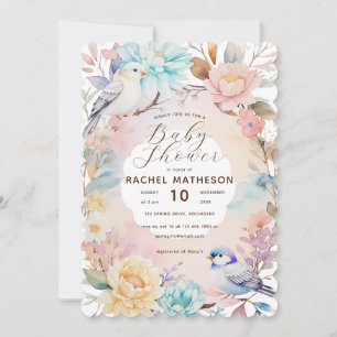Invitation Aquarelle ressort floral et baby shower d'oiseaux