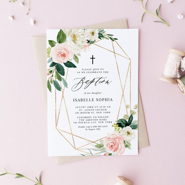 Invitation Aquarelle Ressort Florales Cadre géométrique Baptê (Créateur téléchargé)