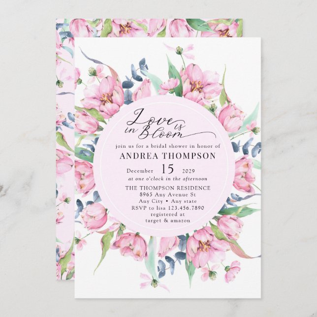 Invitation Aquarelle Ressort rose Fête des mariées florale (Devant / Derrière)