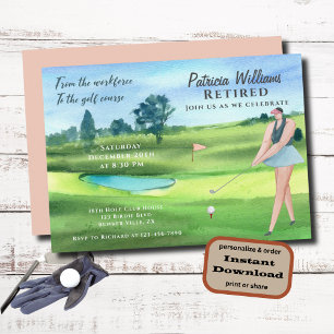 Invitation Aquarelle Retraite Golf Femmes sur le terrain de g