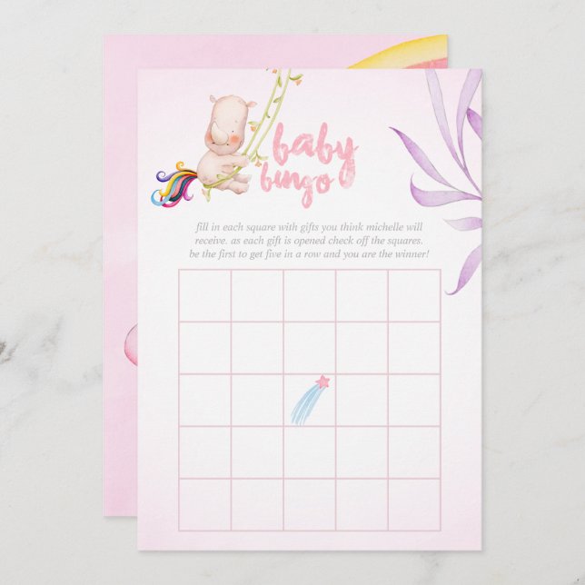 Invitation Aquarelle Rhino Unicorn Baby Girl Douche Bingo (Devant / Derrière)
