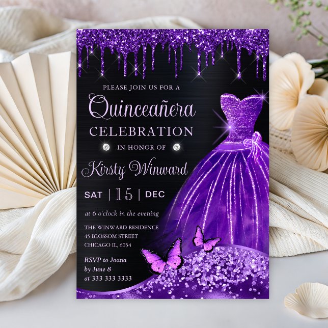 Invitation Aquarelle Robe Parties scintillant violet Quincean (Créateur téléchargé)